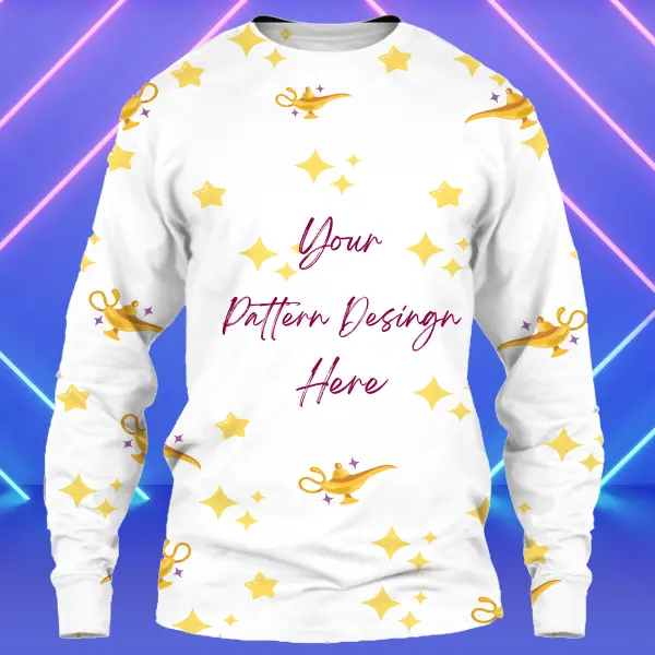 a white shirt with yellow stars and a gold pattern on it and with words your pattern here