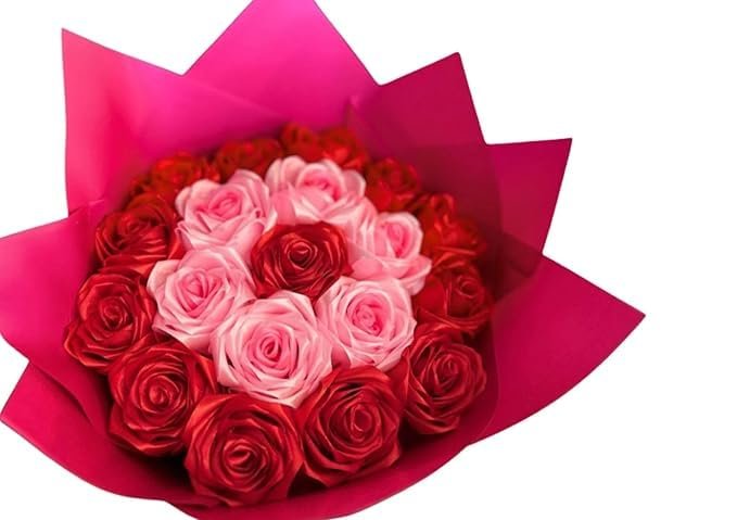 Handcrafted Satin Rose Bouquet Handmade Flowers, Decorative Ribbon Bow for Valentine's Day, Wedding, Home Decor, Anniversary, Birthday with 4 Personalized Polaroid Photo